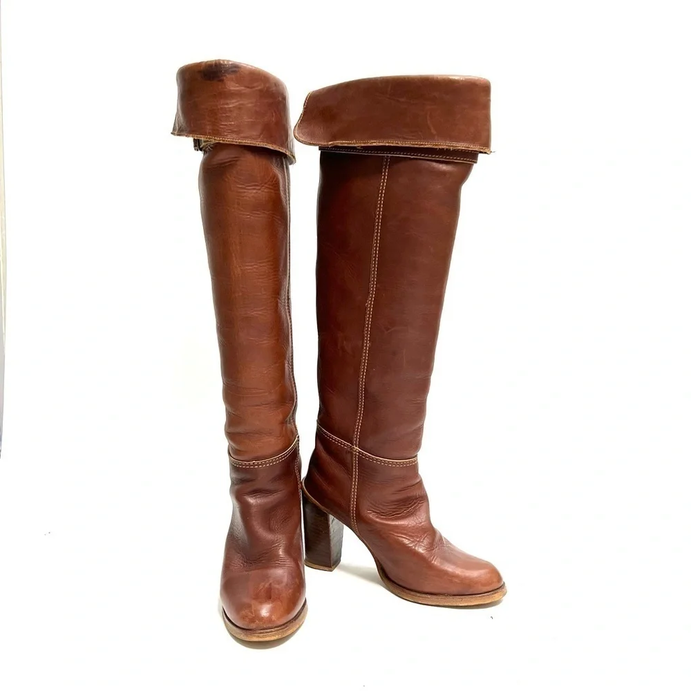 ZODIAC | Vintage 1970s brown leather over the knee logo fabric heeled boots